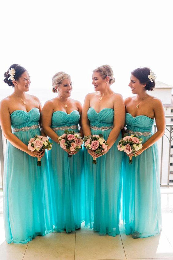 Sweetheart Strapless Tulle Turquoise Bridesmaid Dresses Beaded Wedding Party SJS20473