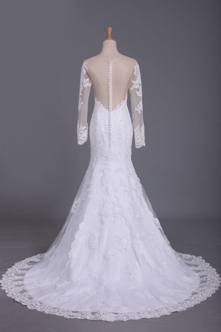 Wedding Dresses Mermaid Scoop Long Sleeves Tulle With Applique Court Train