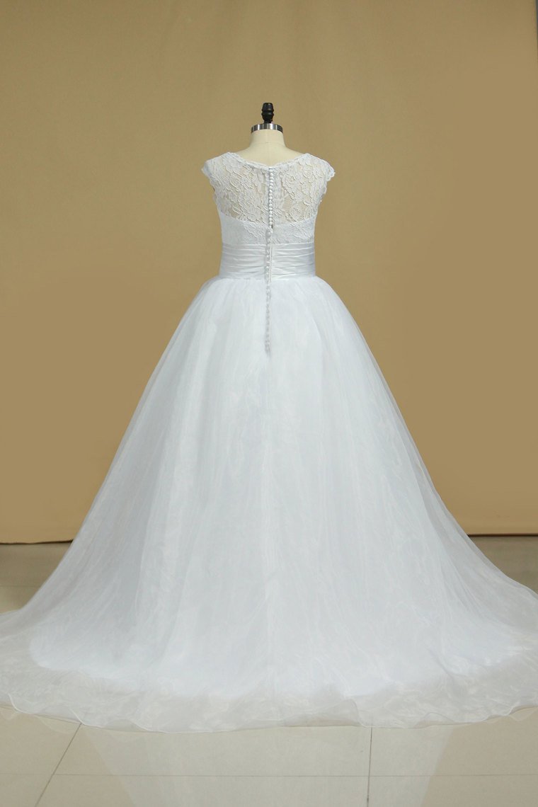 2024 Bateau Wedding Dress Ball Gown Organza & Lace With Beading