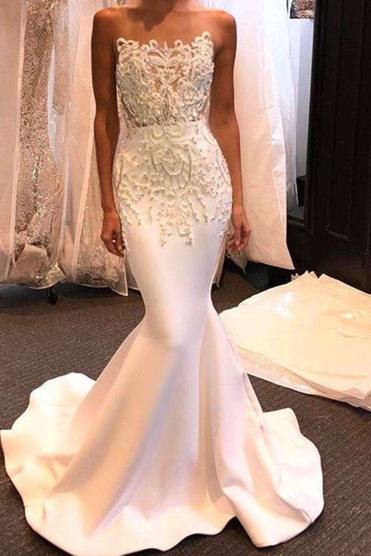 2024 New Arrival Satin Wedding Dresses Mermaid Scoop With Appliques And Beads