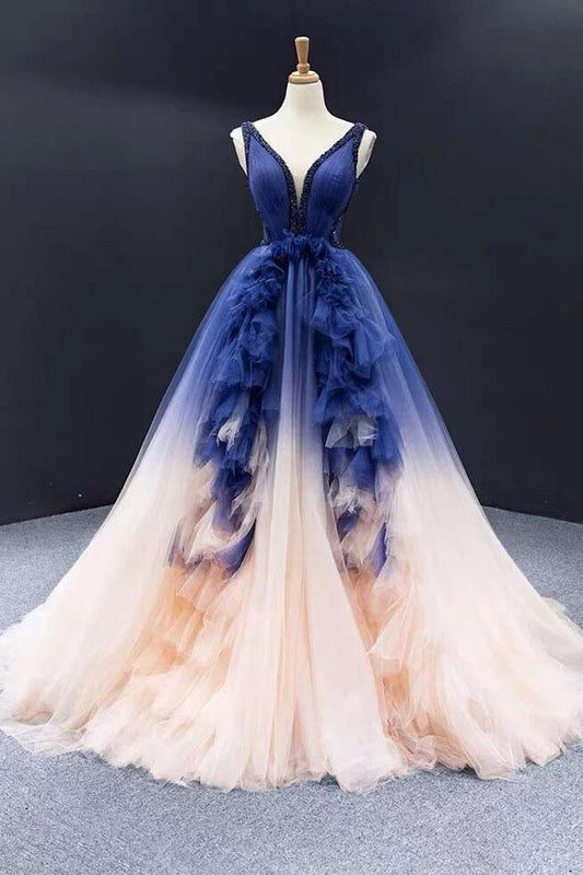 Ball Gown Ombre V Neck Tulle Royal Blue Long Prom Dresses, Quinceanera Dresses SJS15067