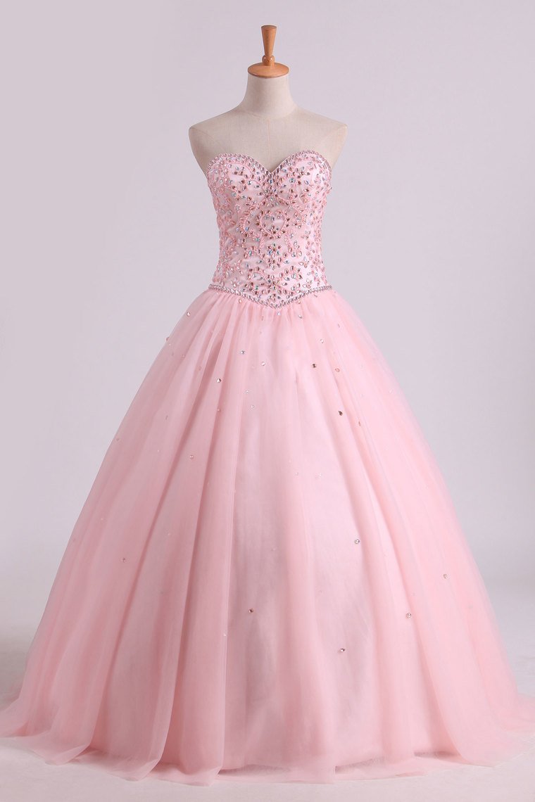 2024 Sweetheart Ball Gown Quinceanera Dresses Tulle With Beads And Rhinestones