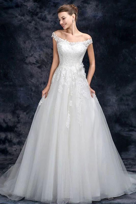 Off the Shoulder Tulle Wedding Dress with Lace Applique, A Line Long Bridal Dresses SJS15273