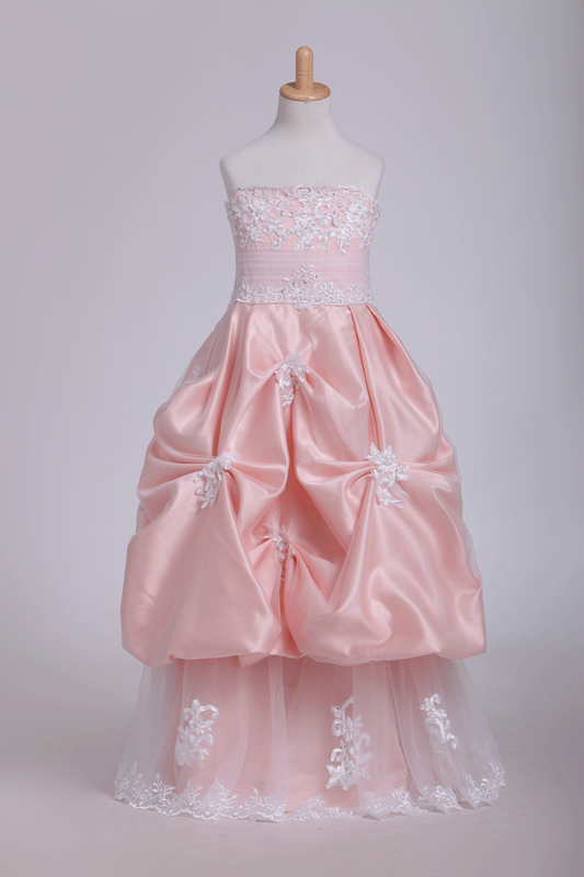 A Line Flower Girl Dresses Strapless With Applique Tulle Floor Length