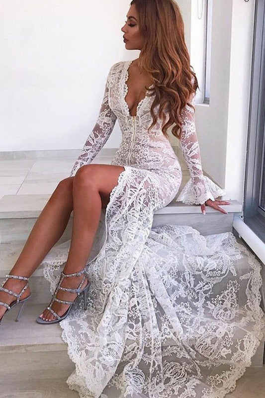 V-Neck Sheath Long Sleeves Ivory Lace Beach Wedding Dresses Bridal Gowns