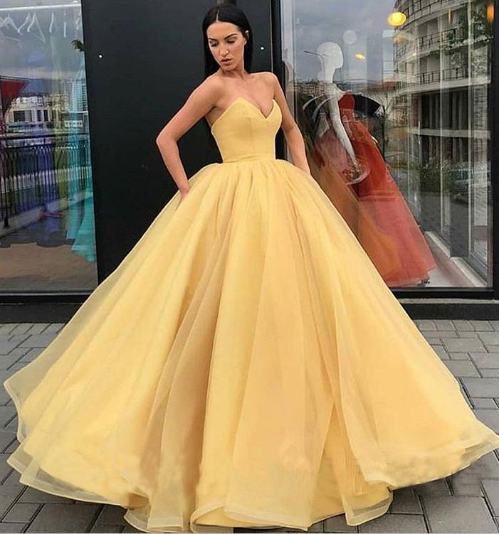 Sweetheart Strapless Yellow Long Modest Prom Gown, Ball Gown Quinceanera Dresses SRS15441