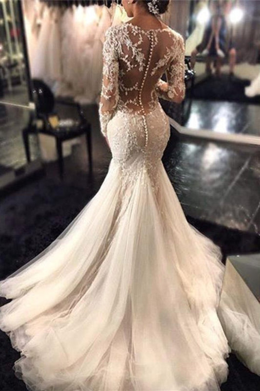 V Neck Wedding Dresses Mermaid/Trumpet With Applique And Beads Sweep Train