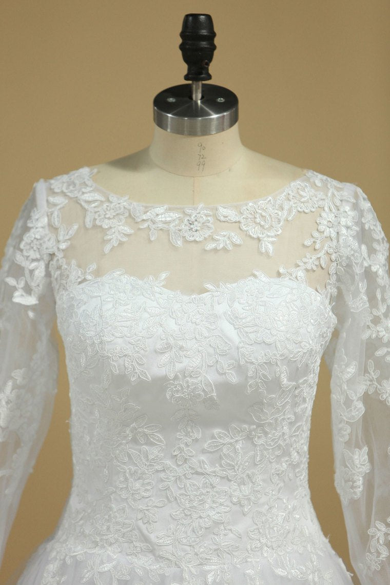 Tulle Scoop Long Sleeves A Line With Applique Wedding Dresses