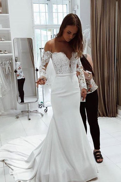 2024 Wedding Dresses Mermaid Scoop Long Sleeves With Applique Satin