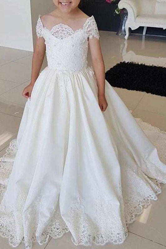 Lovely Cap Sleeves Appliques Ball Gown Little Flower Girl Dress, Off the Shoulder Baby Dress SJS15257