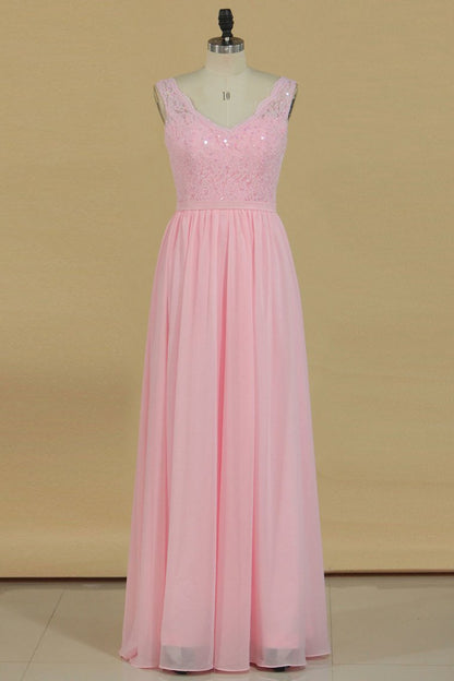 2024 Bridesmaid Dresses V Neck A Line Chiffon With Beads Floor Length