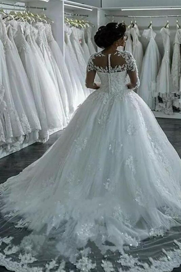 2024 New Arrival Long Sleeves Tulle Wedding Dresses Scoop Neck With Appliques