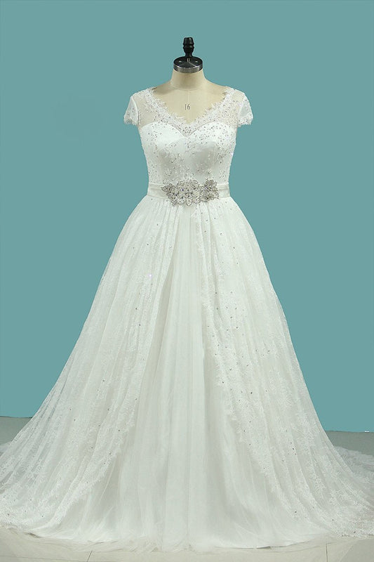 Wedding Dresses A Line V Neck Lace & Tulle With Sash Sweep Train