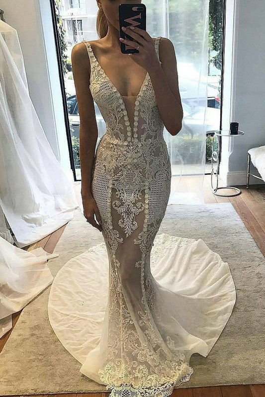 V Neck Mermaid Chiffon Wedding Dresses With Applique Court Train