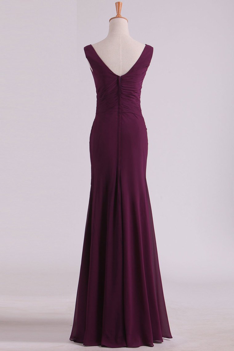 Straps Chiffon With Slit Sheath Floor Length Bridesmaid Dresses