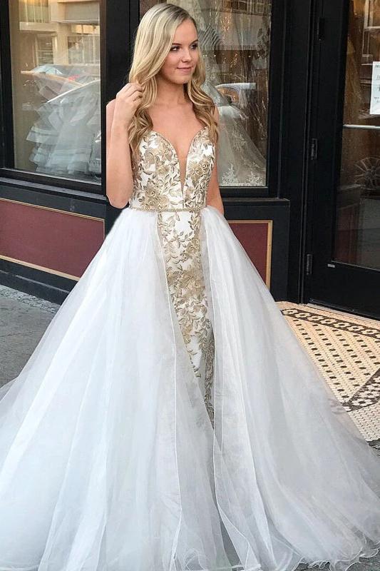 Sheath Spaghetti Straps White Detachable Train Prom Dress with Appliques, Quinceanera Dresses SJS15373