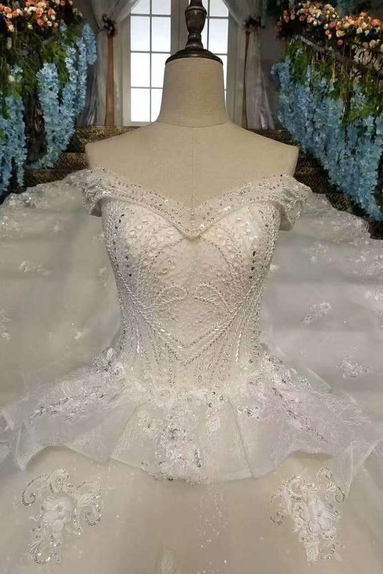 Off The Shoulder Wedding Dresses Lace Up With Appliques And Crystals