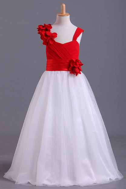 2024 Bicolor Straps A-Line Chiffon & Tulle Flower Girl Dresses With Ruffles