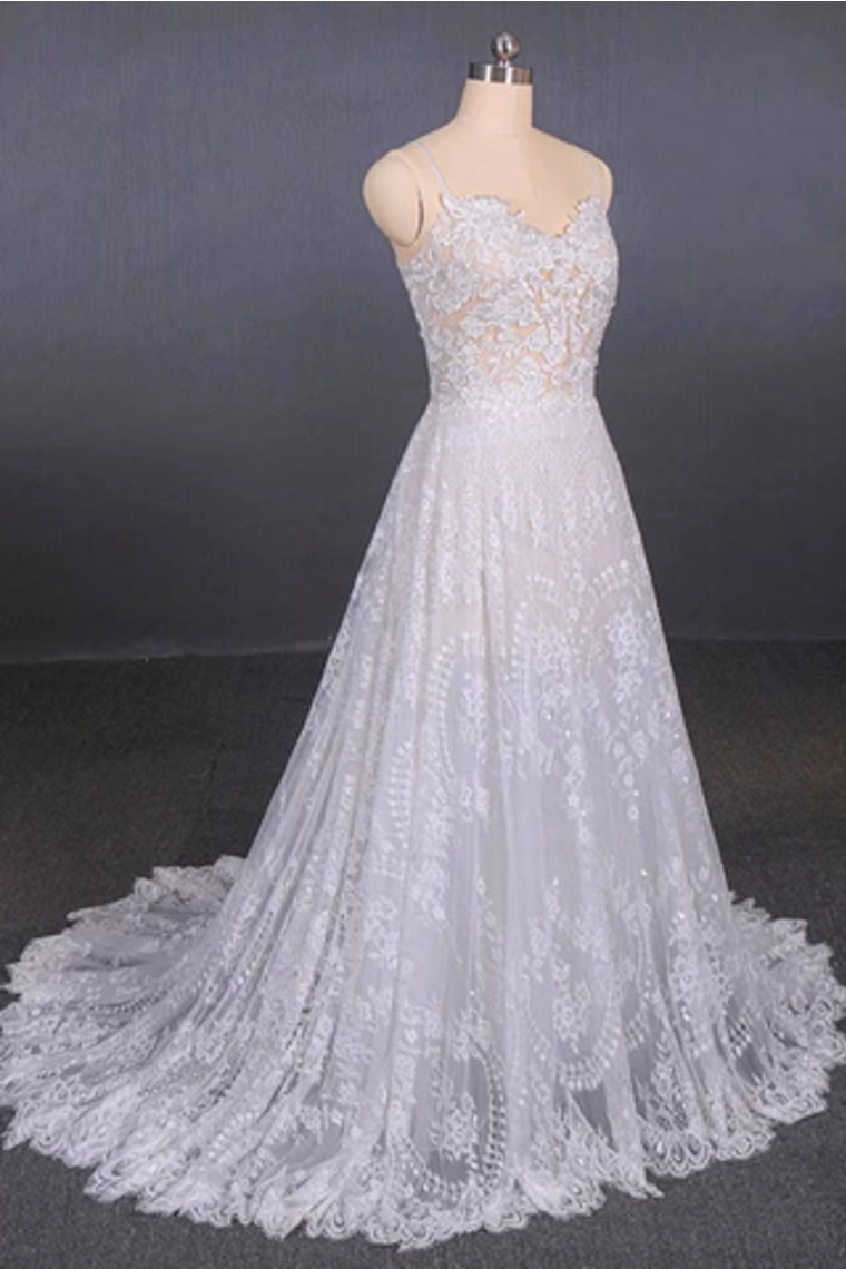 Spaghetti Straps Sweetheart Lace Wedding Dresses, Lace Bridal Dresses With Long Train