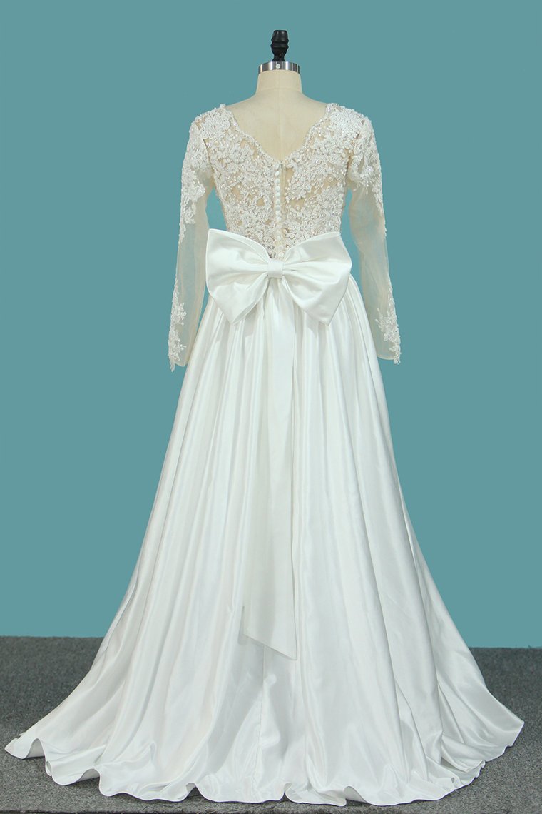 2024 Satin A Line Scoop Long Sleeves Wedding Dresses With Applique And Bow Knot