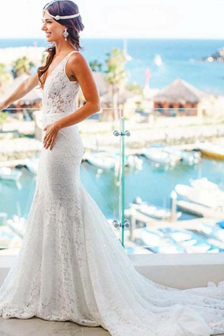 Romantic Deep V Neck Sleeveless Lace Wedding Dress Mermaid Wedding Dresses With SRSP2NSHCG1