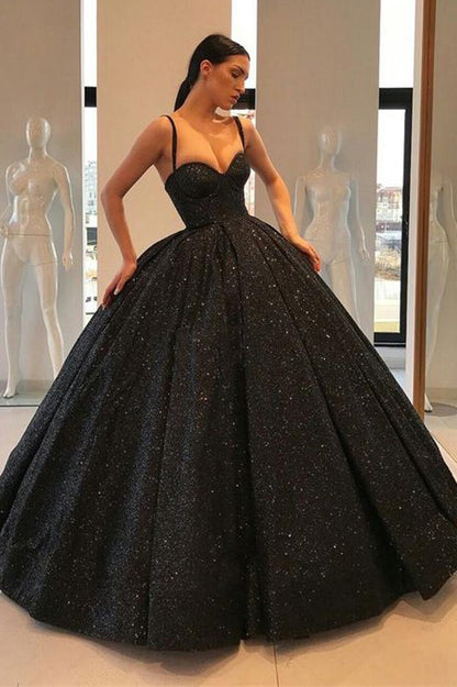 Spaghetti Straps Black Sweetheart Quinceanera Dresses, Ball Gown Sequins Prom Dresses SRS15410