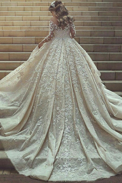 Gorgeous Beautiful Modest Lace Ball Gown Long Sleeves Wedding Dresses