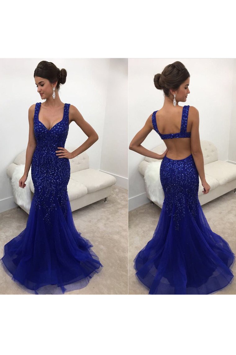 2024 Sexy Open Back Straps Beaded Bodice Prom Dresses Mermaid Tulle