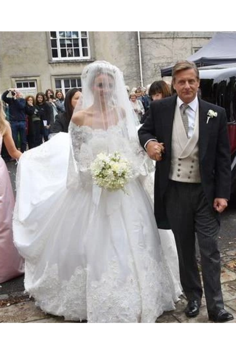 A Line Mid-Sleeves Ivory Satin Wedding Dresses With Cathedral Train Royal Lace Wedding Gowns