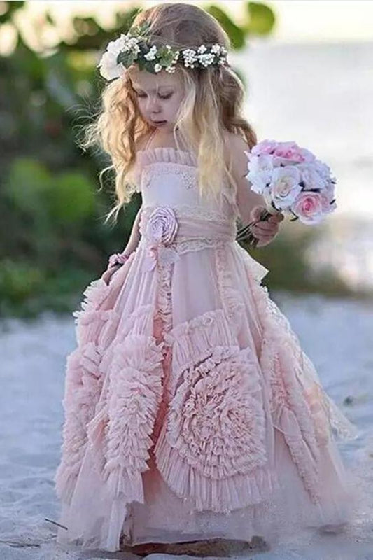 2024 Princess A Line Lovely Long Hand-Made Flower Chiffon Flower Girl Dresses