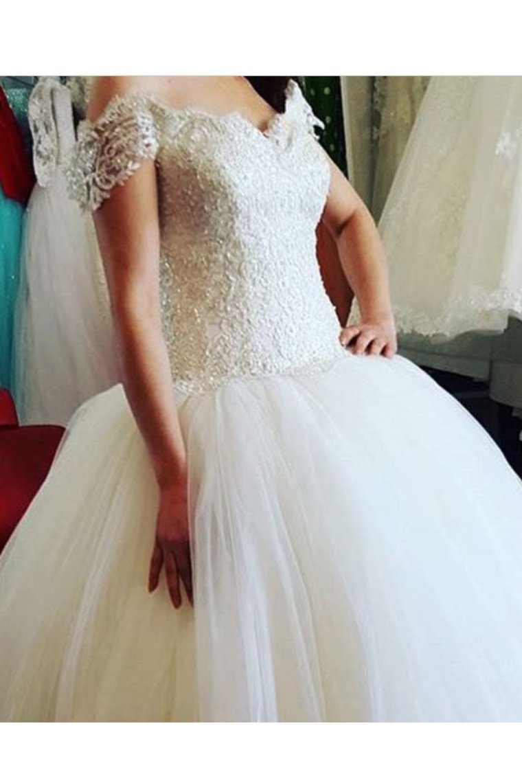 2024 Off The Shoulder Wedding Dresses A Line Tulle With Beading Court Train