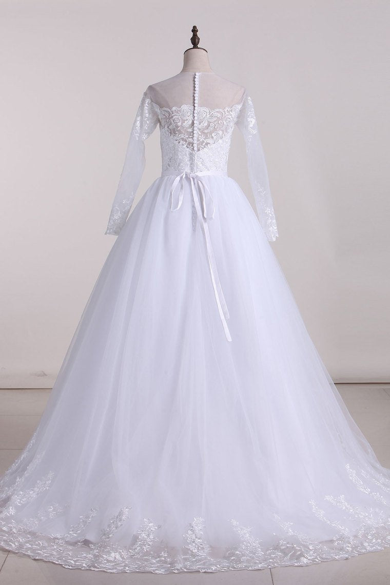 2024 A Line Scoop Long Sleeves Tulle With Applique And Sash Wedding Dresses