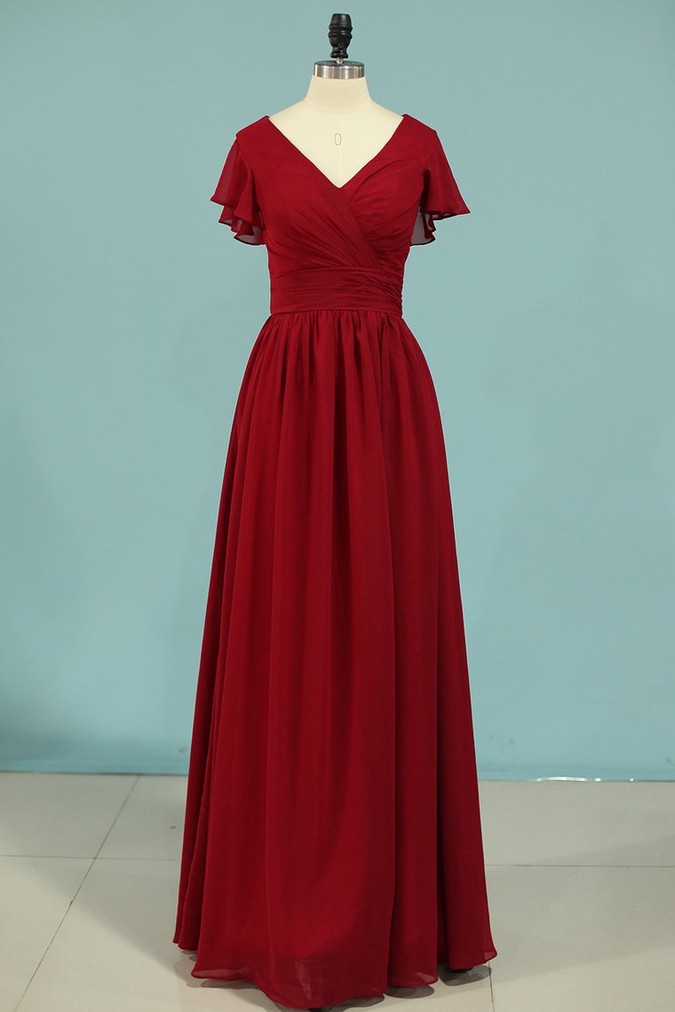 V-Neck A Line Chiffon Bridesmaid Dresses Floor Length