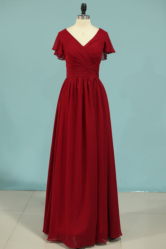 2024 V-Neck A Line Chiffon Bridesmaid Dresses Floor Length