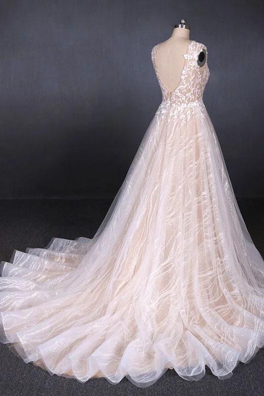 Puffy Lace Off White Wedding Dresses, Elegant A Line Backless Bridal Dresses SJS15311