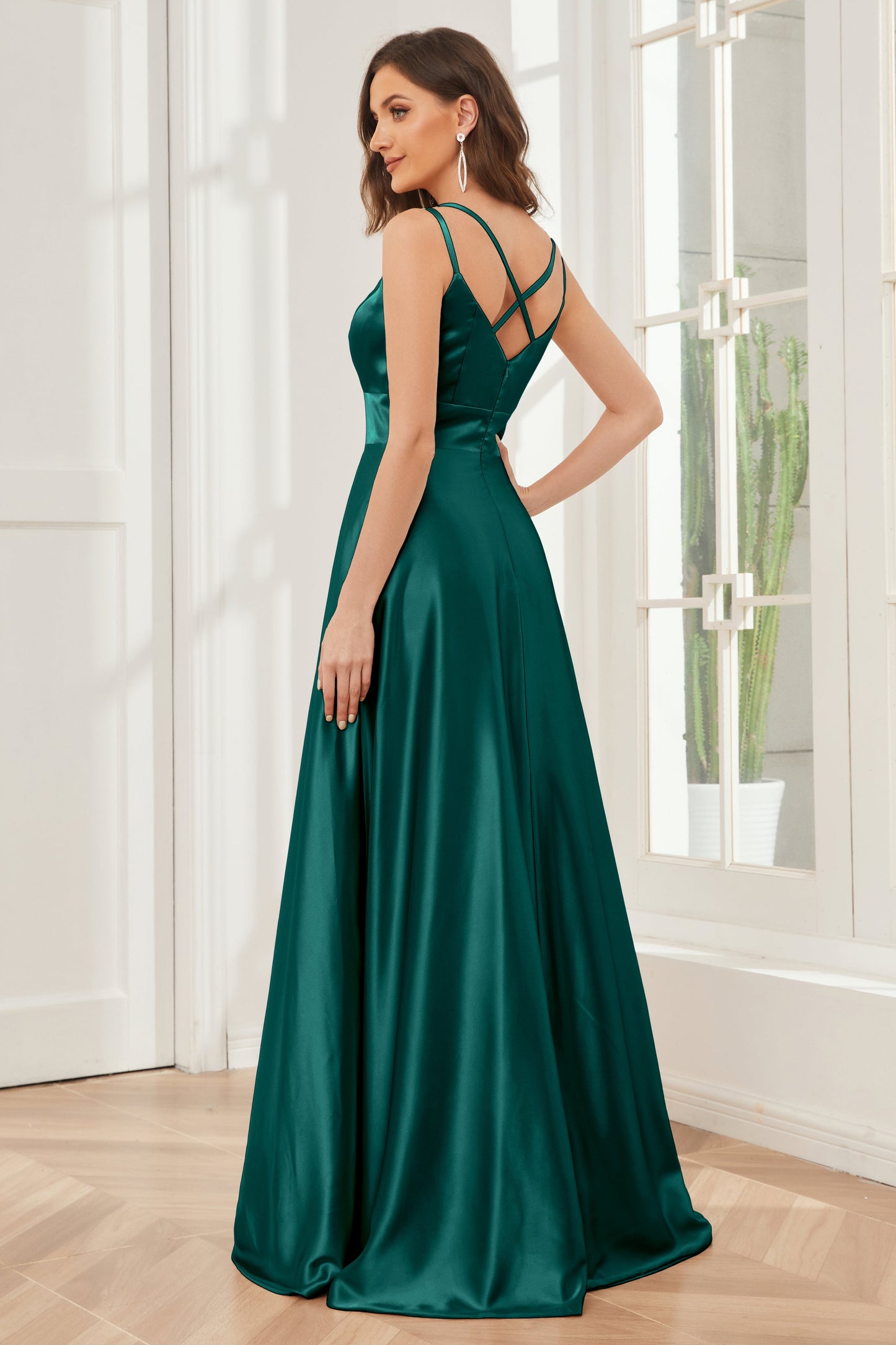 Spaghetti Straps V-neck Soft Satin Bridesmaid Dress