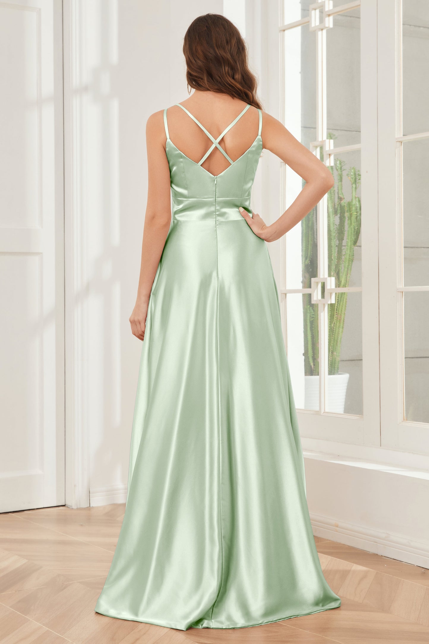 Spaghetti Straps V-neck Soft Satin Bridesmaid Dress