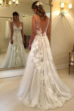 Elegant A Line V Neck Tulle Open Back Ivory Wedding Dresses UK Lace Appliques