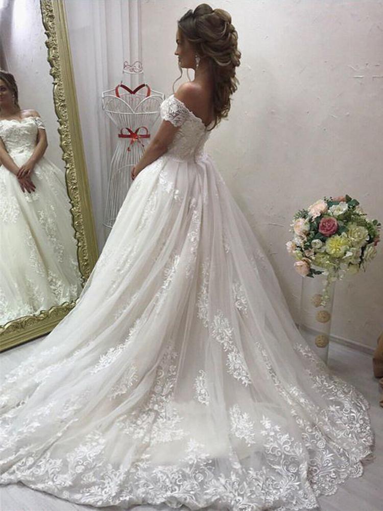 Gorgeous Ball Gown Off the Shoulder Sweetheart Open Back Tulle Lace Wedding Dresses JS205