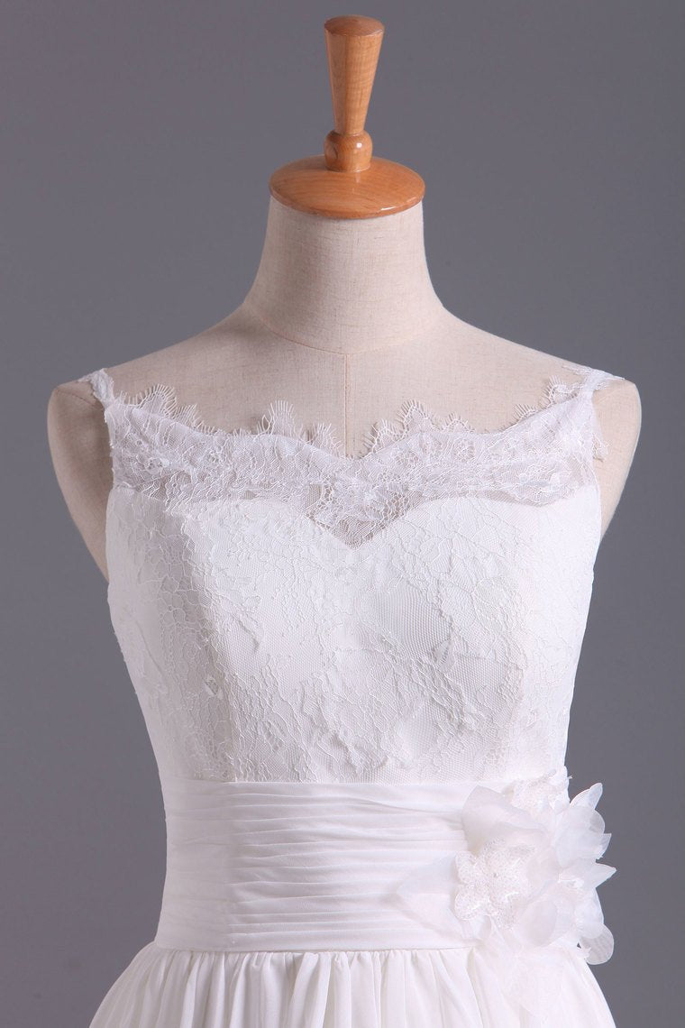 Spaghetti Straps With Applique & Handmade Flowers Chiffon A Line Wedding Dresses