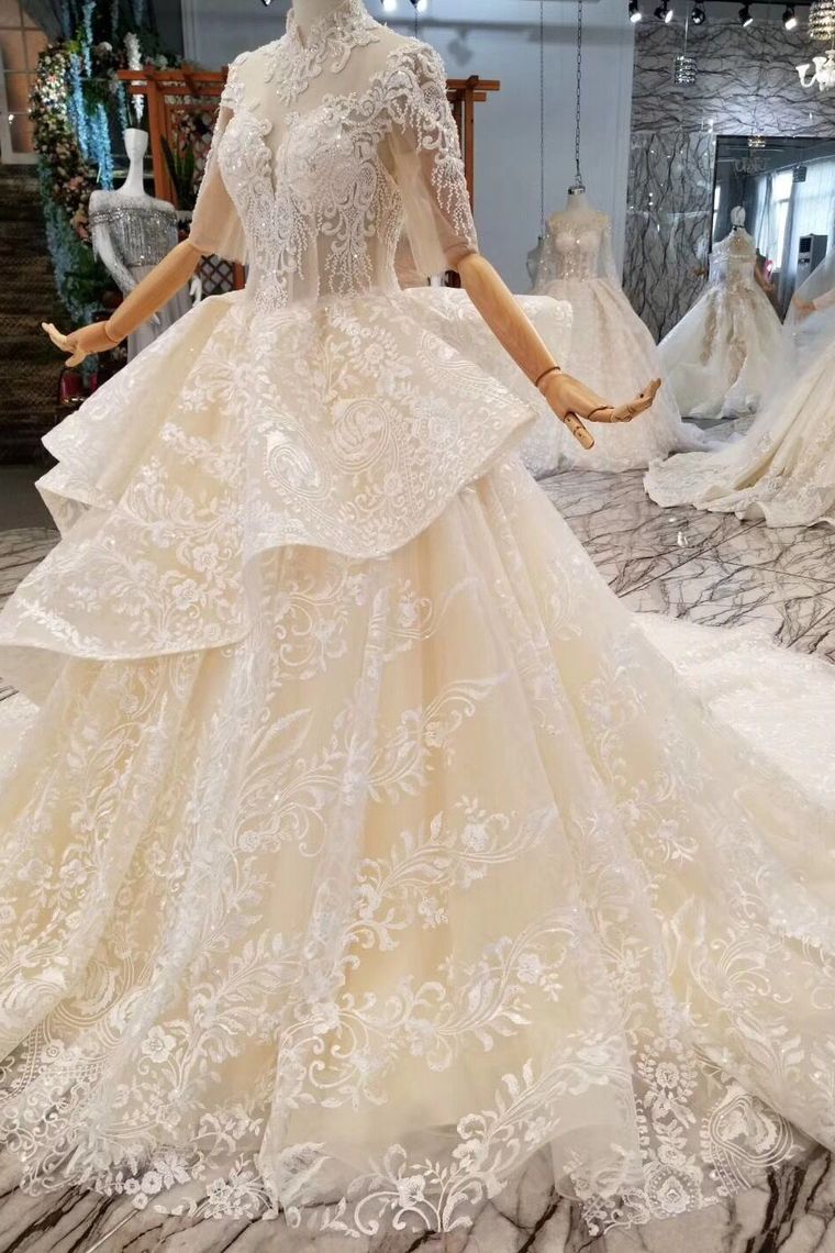 Luxury Wedding Dresses High Neck A-Line Lace Half Sleeves Open Back Cathedral Train