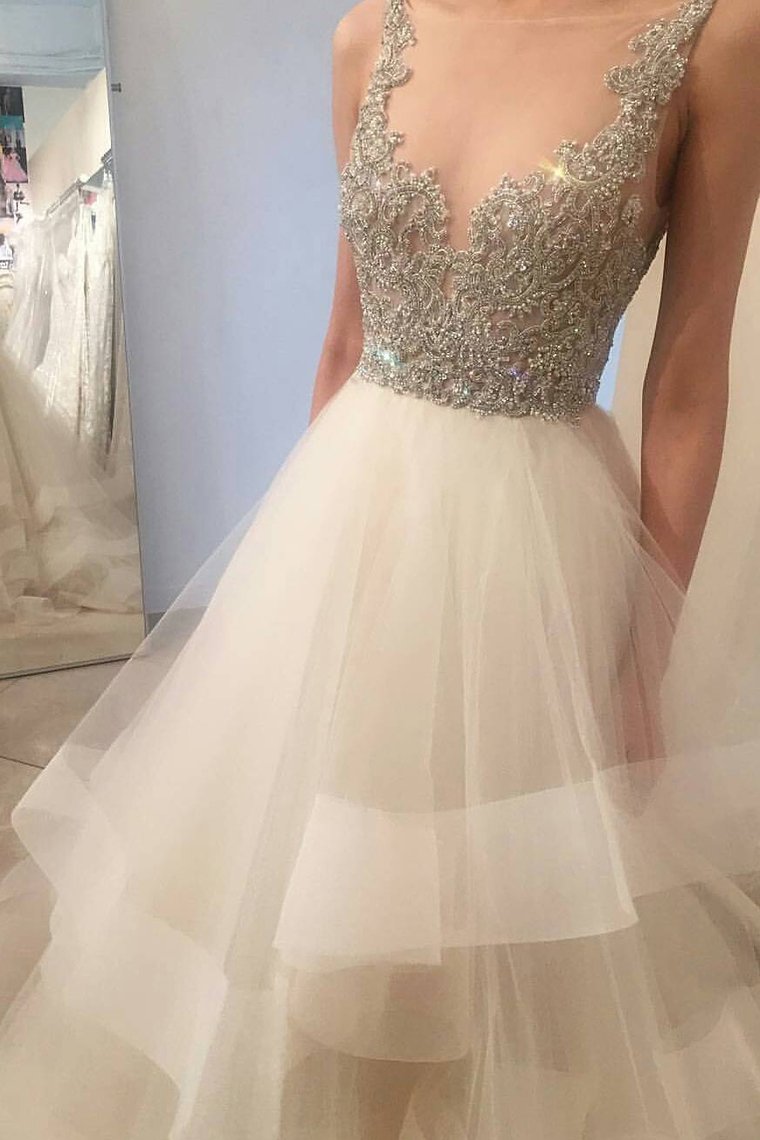 2024 New Arrival Scoop Beaded Bodice A Line Tulle Wedding Dresses