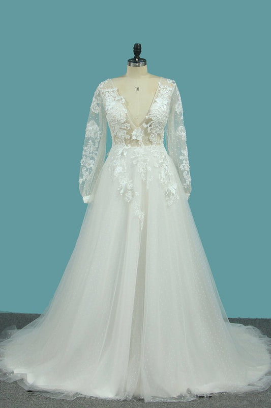 Tulle A Line Deep V Wedding Dresses With Handmade Flower And Beads