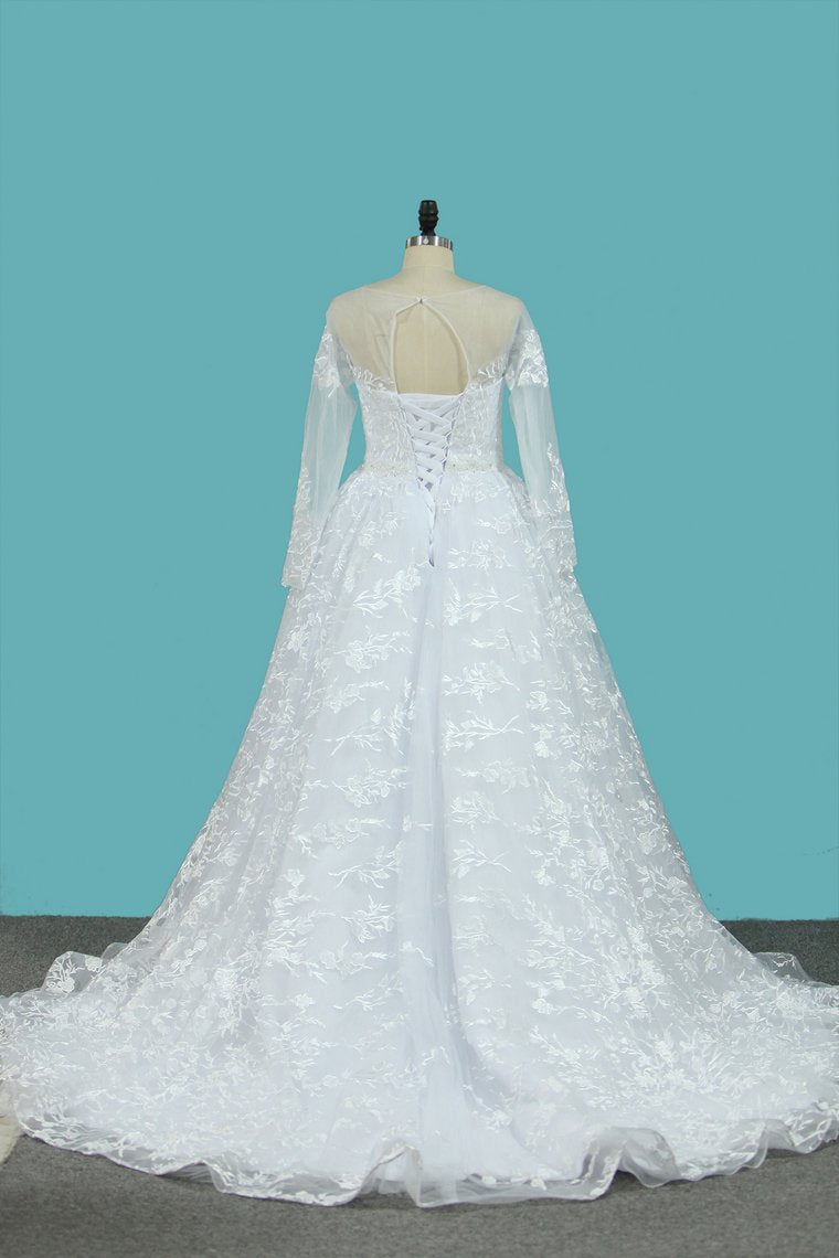 Lace Wedding Dresses Long Sleeves Scoop A Line With Applique And Beads Court Train