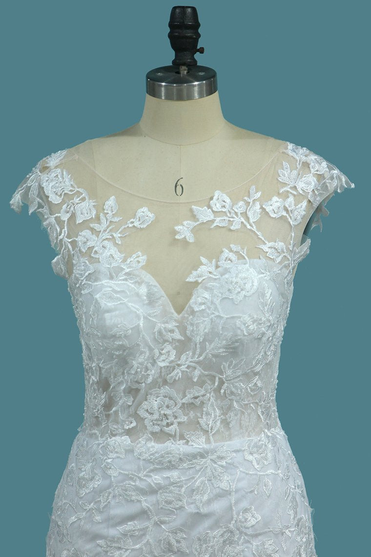 Scoop Open Back Lace Wedding Dresses With Applique Covered Button