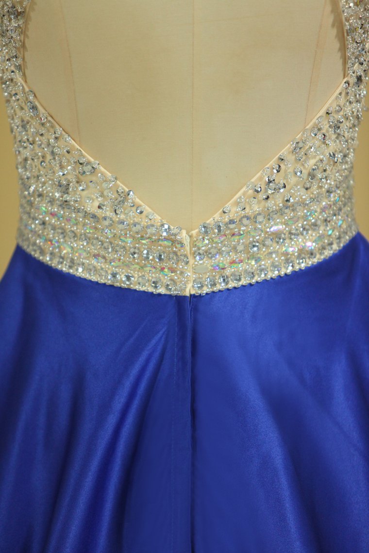 2024 Royal Blue Scoop Open Back Beaded Bodice A Line Prom Dresses Satin & Tulle Plus Size