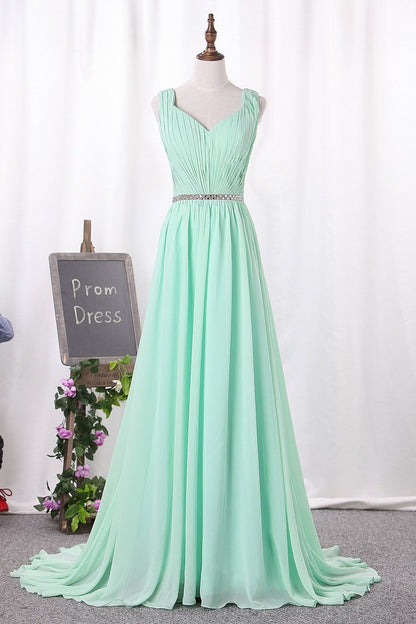 2024 V Neck A Line Ruched Bodice Beaded Waistline Chiffon Bridesmaid Dresses Sweep Train