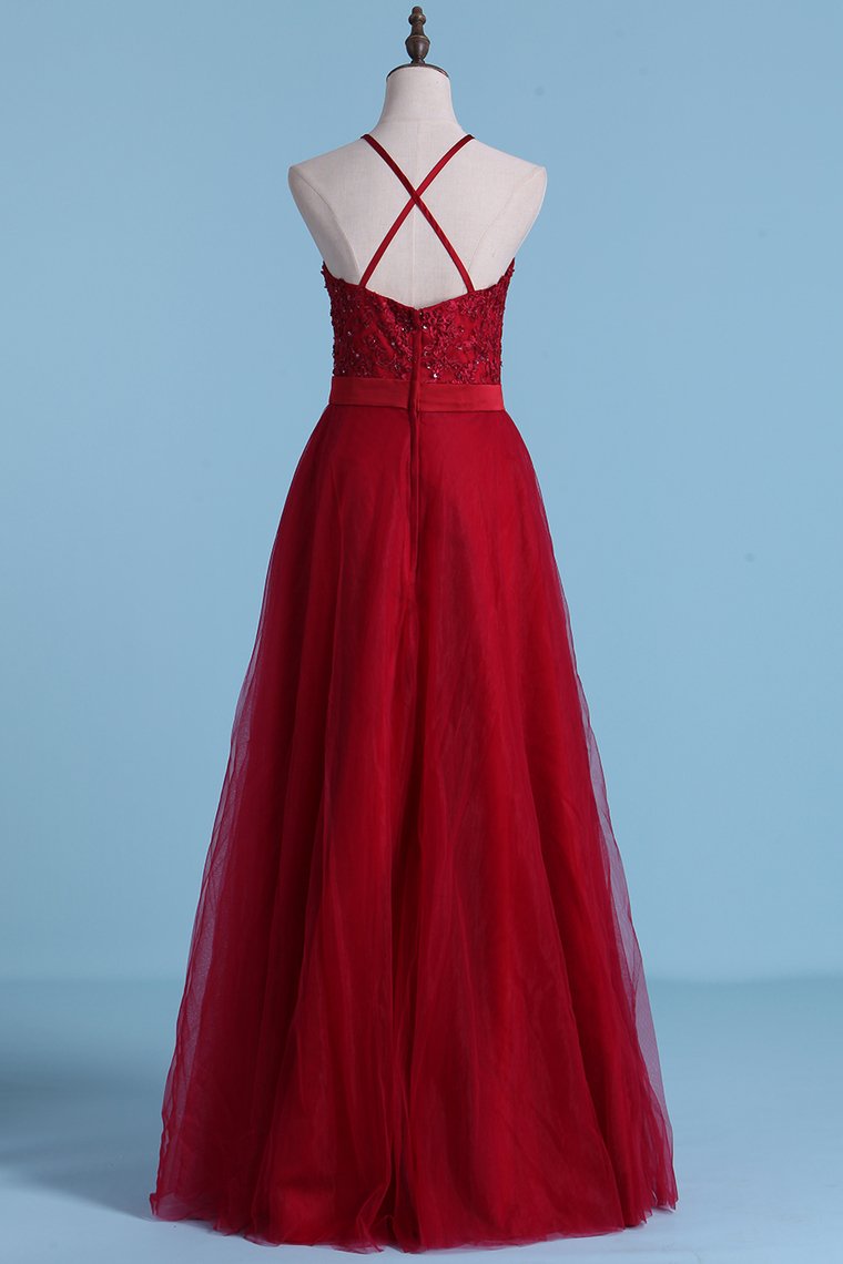 2024 Bridesmaid Dresses A Line Scoop Open Back Tulle With Embroidery And Beads