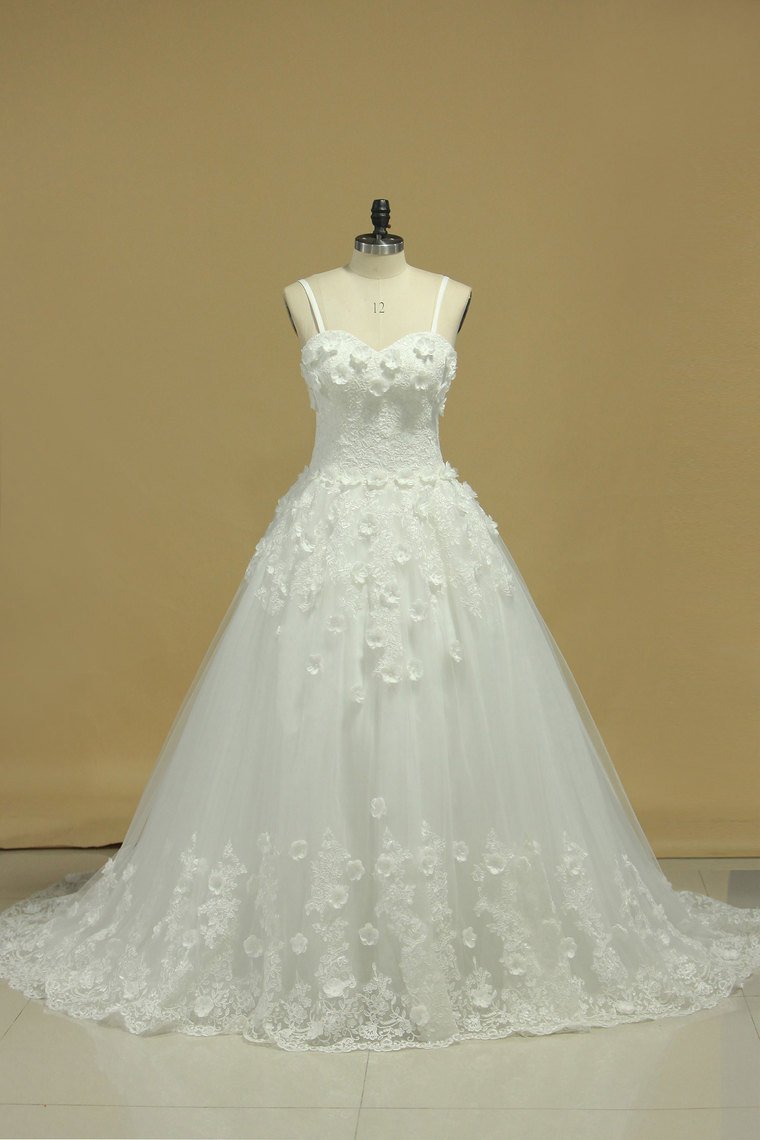 2024 A Line Spaghetti Straps Court Train Wedding Dresses Tulle With Applique And Handmade Flowers