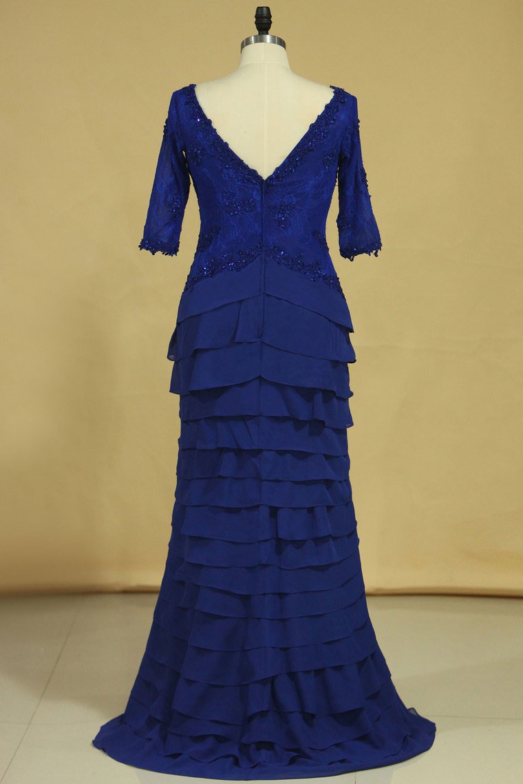 2024 Dark Royal Blue Mother Of The Bride Dresses Chiffon V Neck With 3/4 Length Sleeves